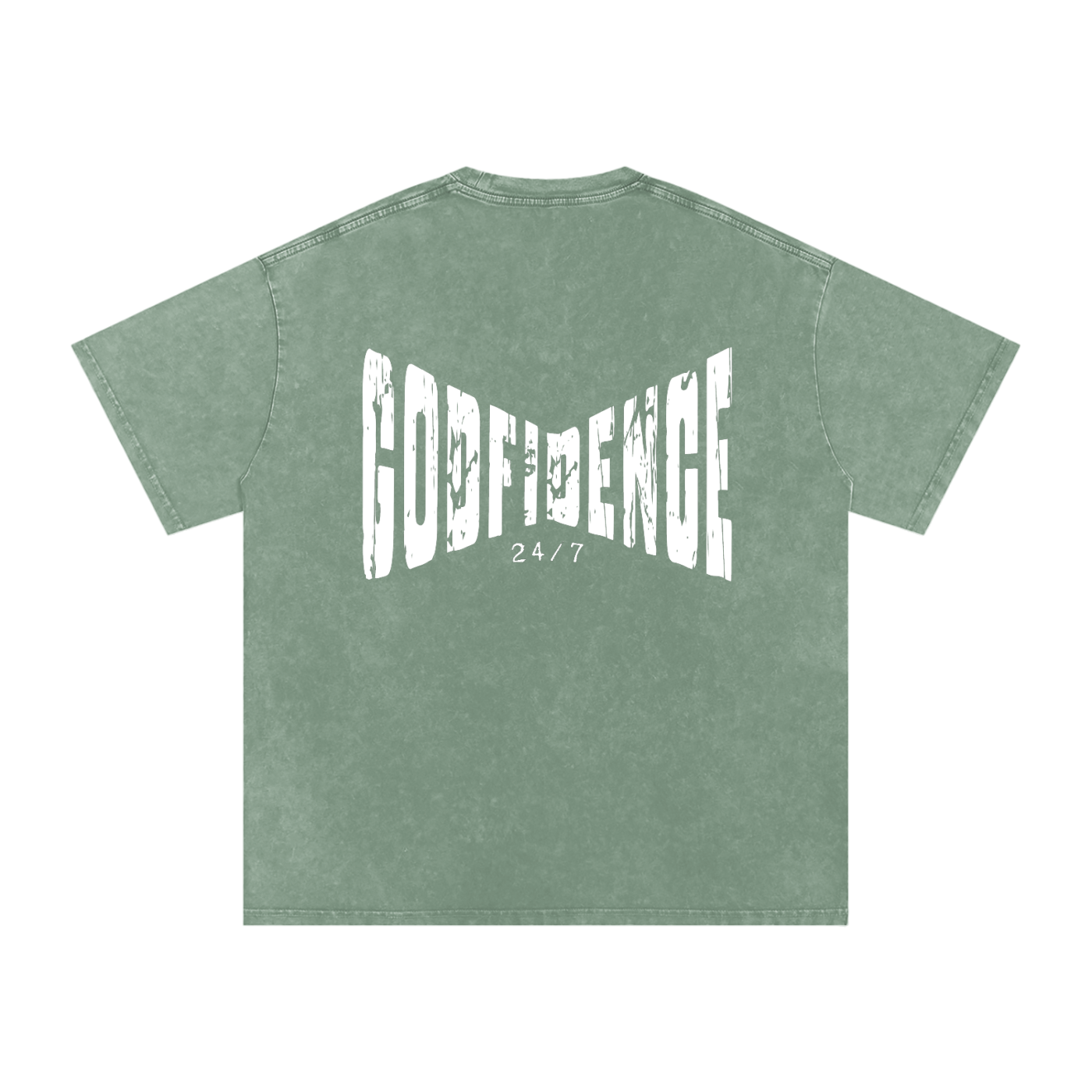 Godfidence 24/7 – Distressed Warp Script Catholic Streetwear Snow Washed Oversized Cotton T-Shirt