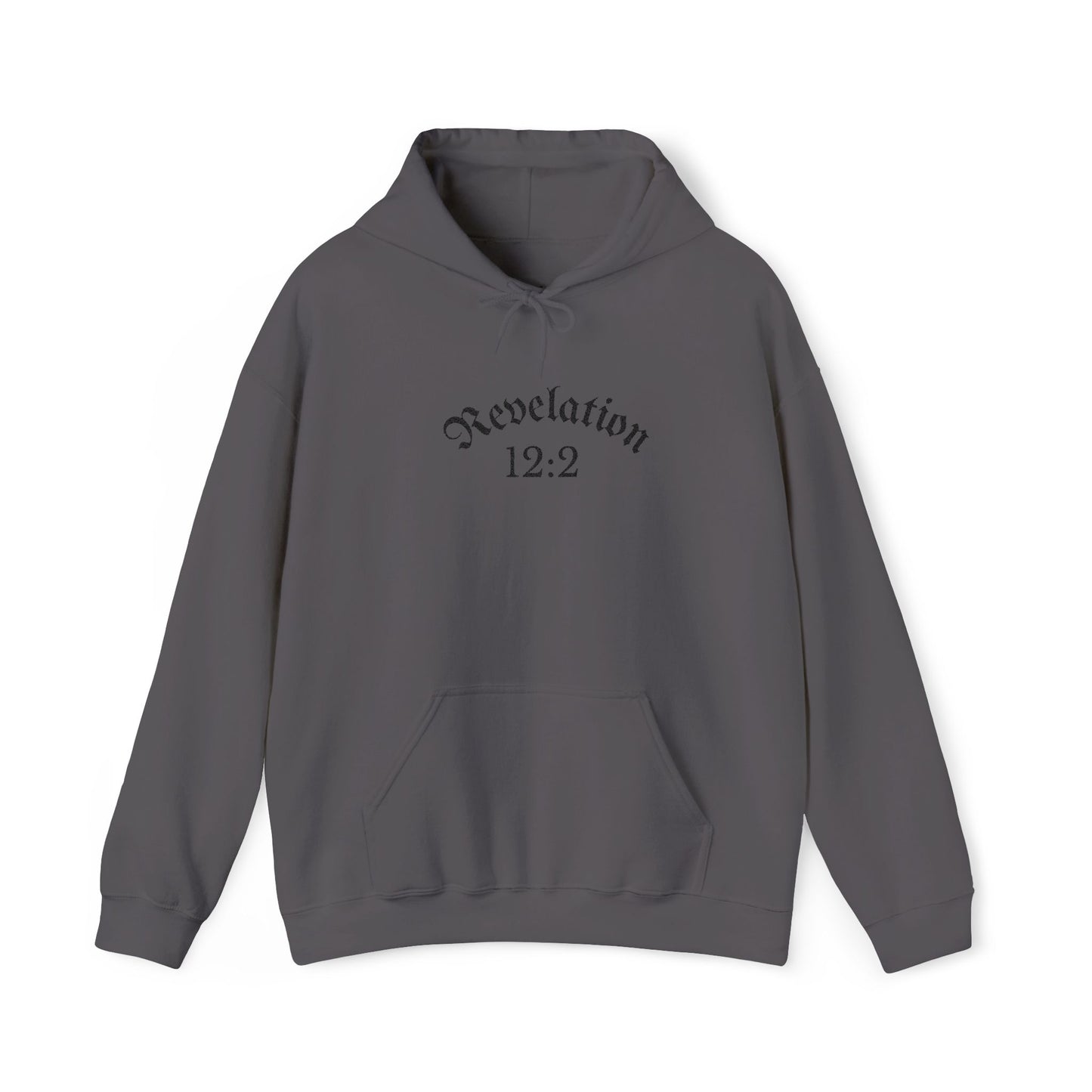Revelation 12:2 Gothic Script Hoodie | Unisex Minimalist Trendy Christian Apparel | Heavy Blend Hooded Sweatshirt