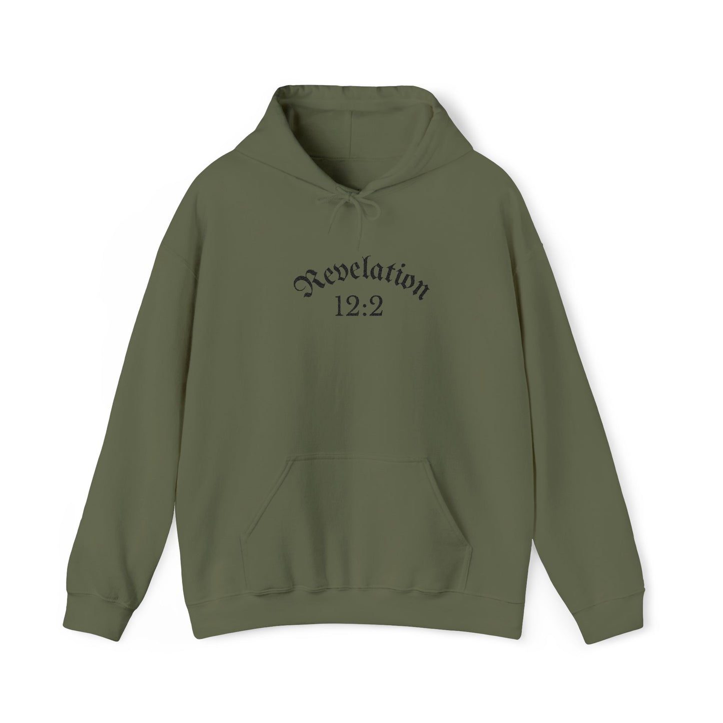 Revelation 12:2 Gothic Script Hoodie | Unisex Minimalist Trendy Christian Apparel | Heavy Blend Hooded Sweatshirt