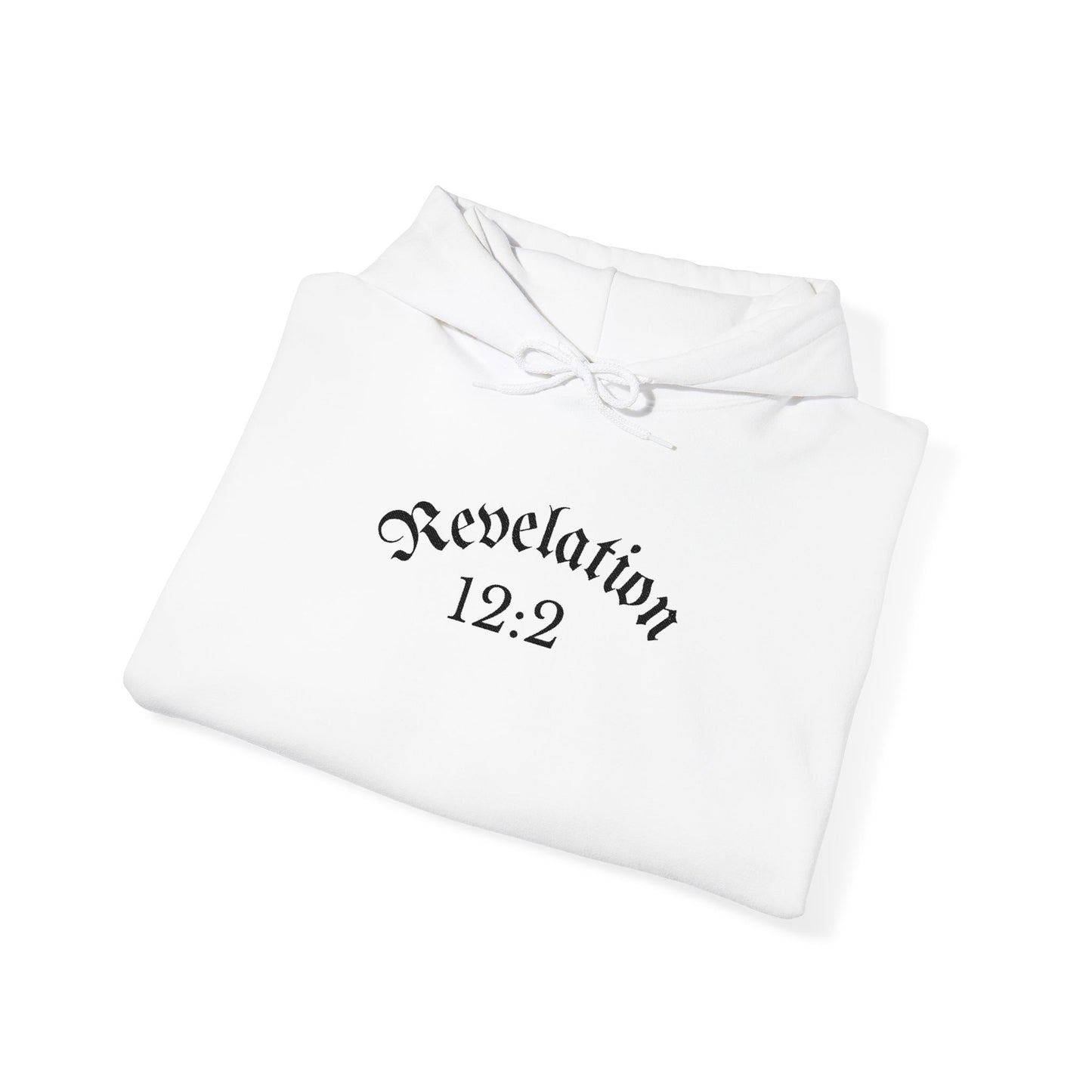 Revelation 12:2 Gothic Script Hoodie | Unisex Minimalist Trendy Christian Apparel | Heavy Blend Hooded Sweatshirt