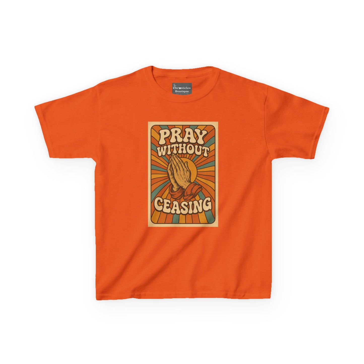 Pray Without Ceasing" Groovy Retro Kids T-Shirt | 70s Style Christian Apparel | Heavy Cotton™ Tee | Vintage Catholic Kids Clothing