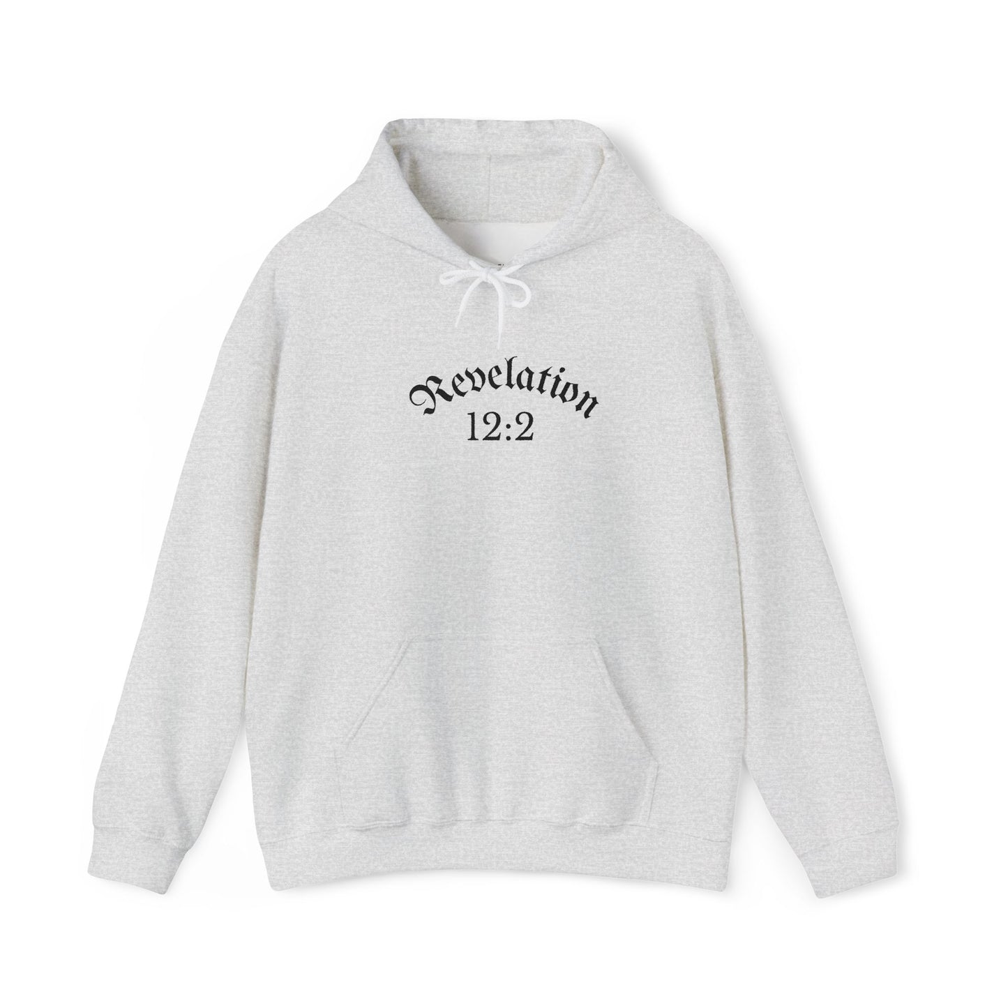 Revelation 12:2 Gothic Script Hoodie | Unisex Minimalist Trendy Christian Apparel | Heavy Blend Hooded Sweatshirt