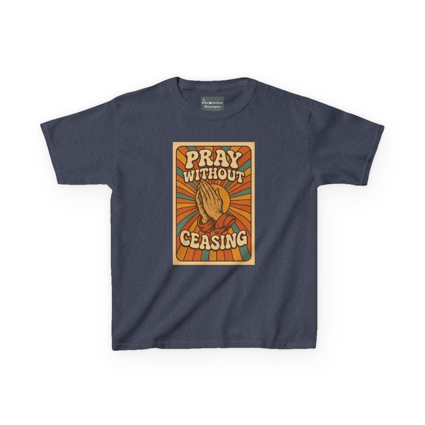 Pray Without Ceasing" Groovy Retro Kids T-Shirt | 70s Style Christian Apparel | Heavy Cotton™ Tee | Vintage Catholic Kids Clothing