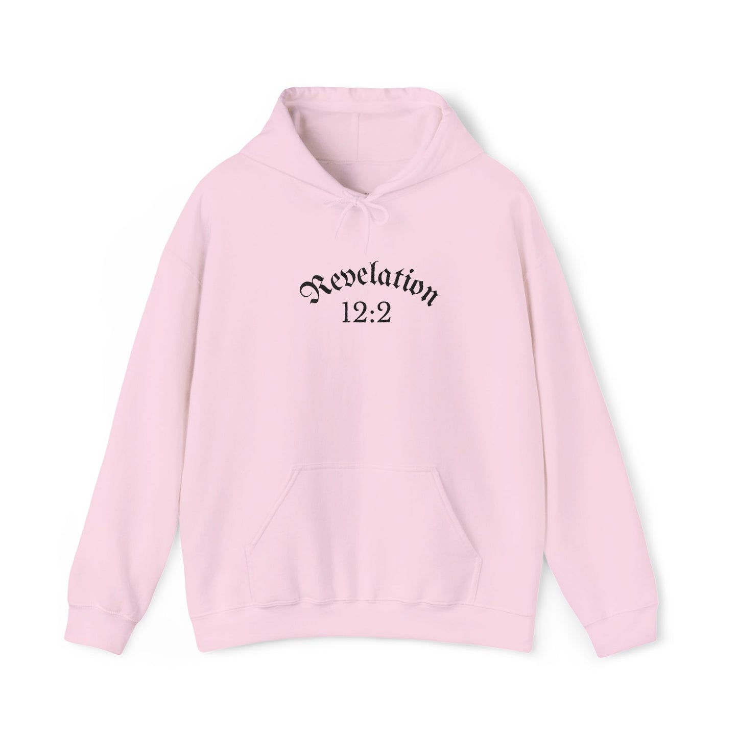 Revelation 12:2 Gothic Script Hoodie | Unisex Minimalist Trendy Christian Apparel | Heavy Blend Hooded Sweatshirt