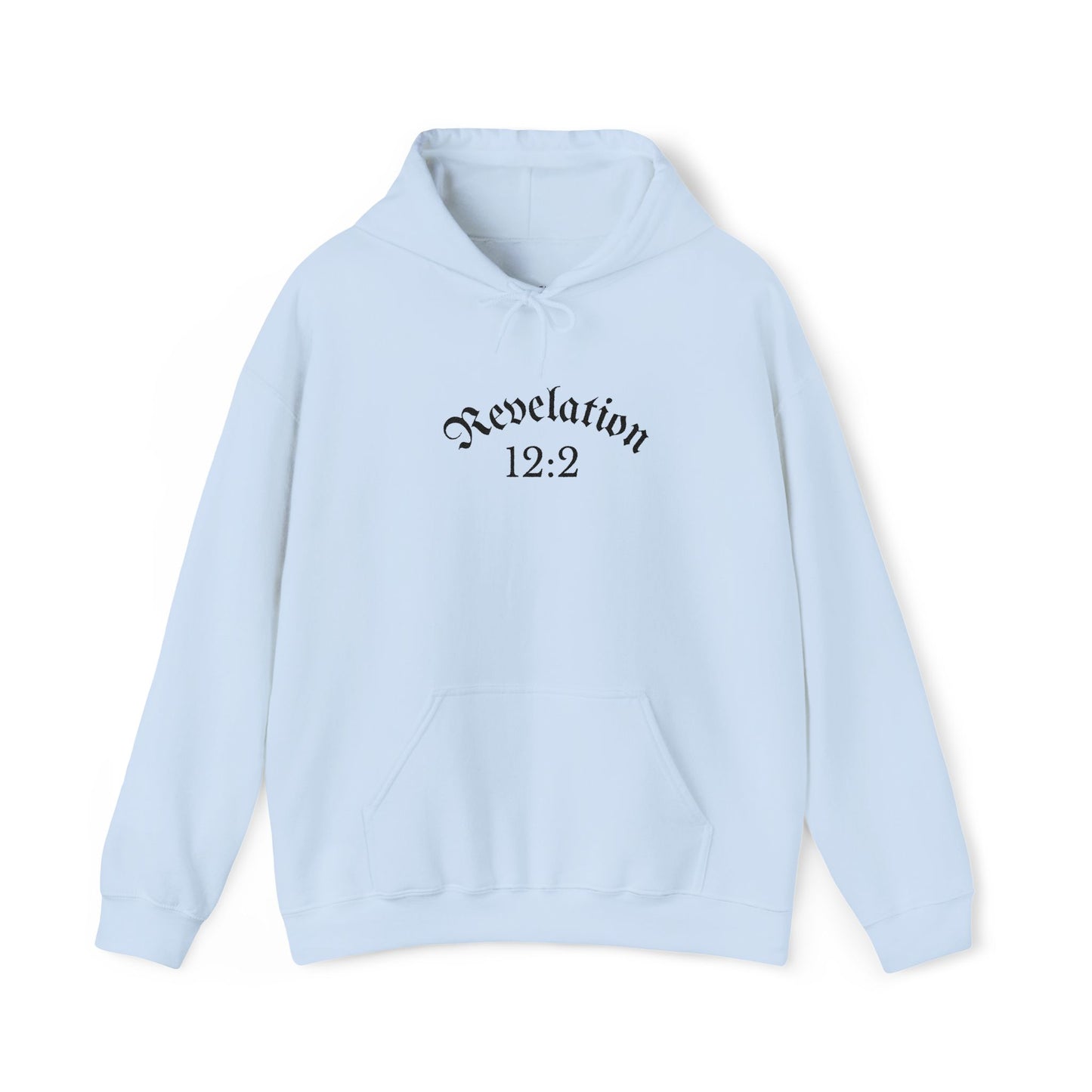Revelation 12:2 Gothic Script Hoodie | Unisex Minimalist Trendy Christian Apparel | Heavy Blend Hooded Sweatshirt