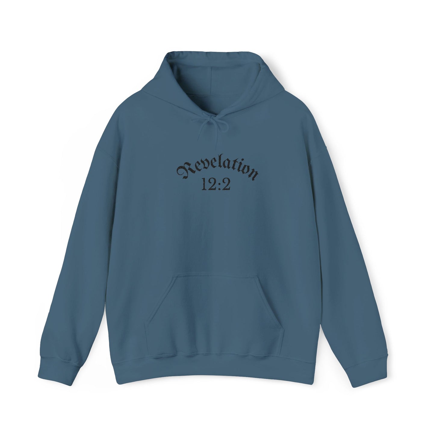 Revelation 12:2 Gothic Script Hoodie | Unisex Minimalist Trendy Christian Apparel | Heavy Blend Hooded Sweatshirt