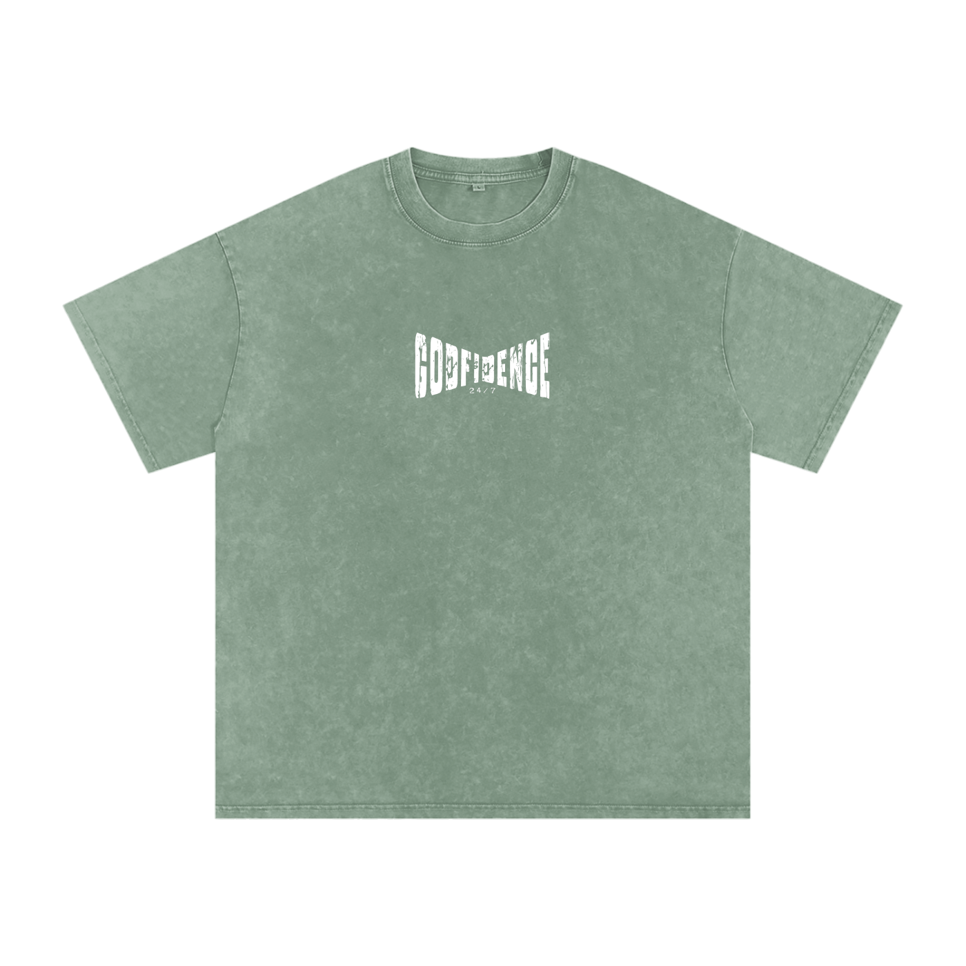 Godfidence 24/7 – Distressed Warp Script Catholic Streetwear Snow Washed Oversized Cotton T-Shirt