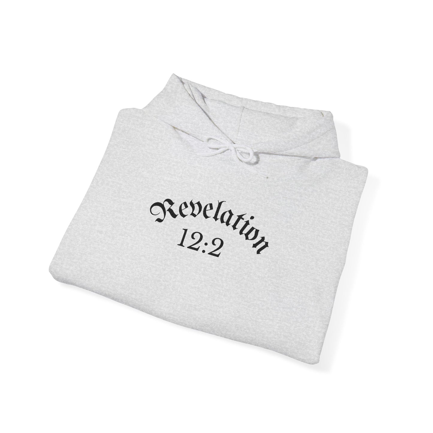 Revelation 12:2 Gothic Script Hoodie | Unisex Minimalist Trendy Christian Apparel | Heavy Blend Hooded Sweatshirt