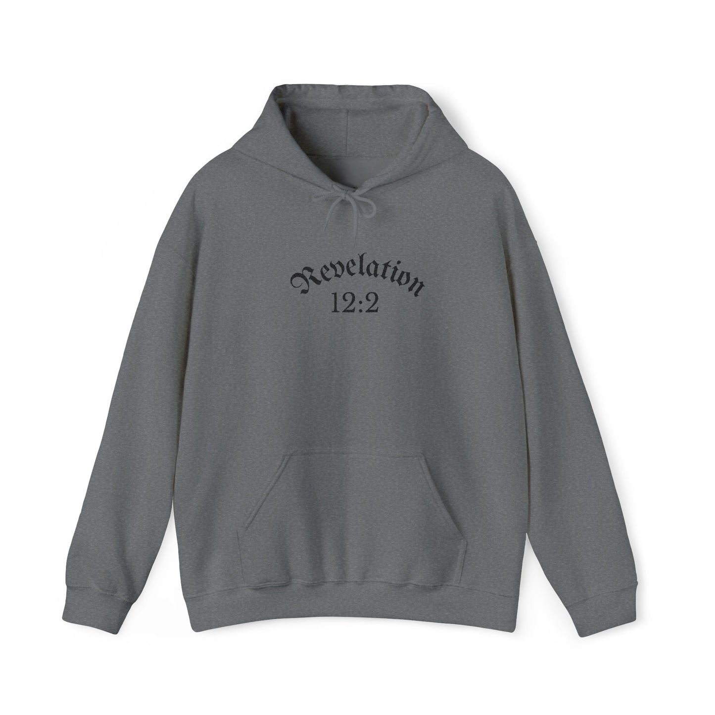 Revelation 12:2 Gothic Script Hoodie | Unisex Minimalist Trendy Christian Apparel | Heavy Blend Hooded Sweatshirt