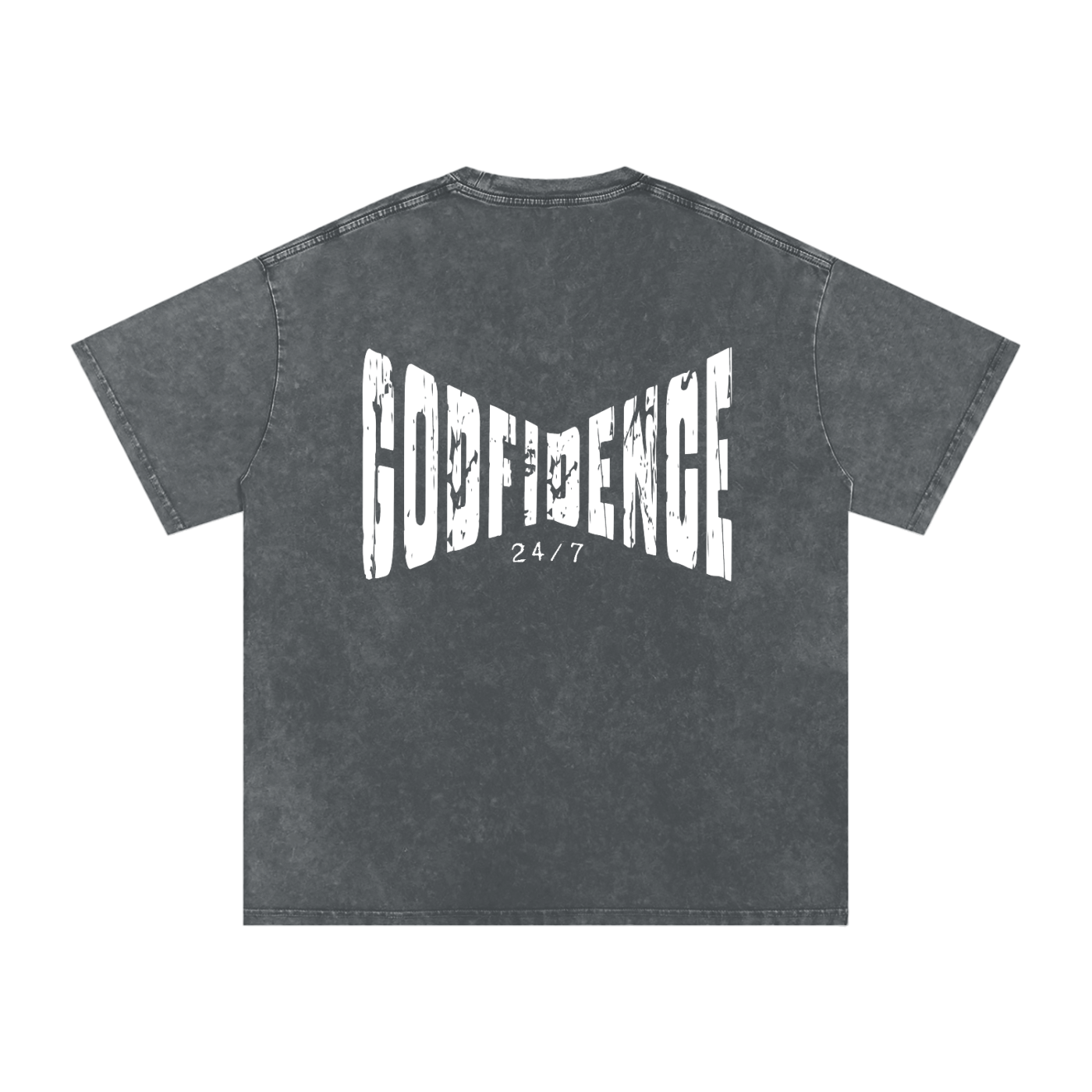 Godfidence 24/7 – Distressed Warp Script Catholic Streetwear Snow Washed Oversized Cotton T-Shirt