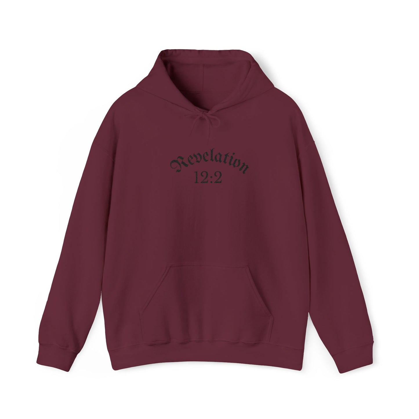 Revelation 12:2 Gothic Script Hoodie | Unisex Minimalist Trendy Christian Apparel | Heavy Blend Hooded Sweatshirt
