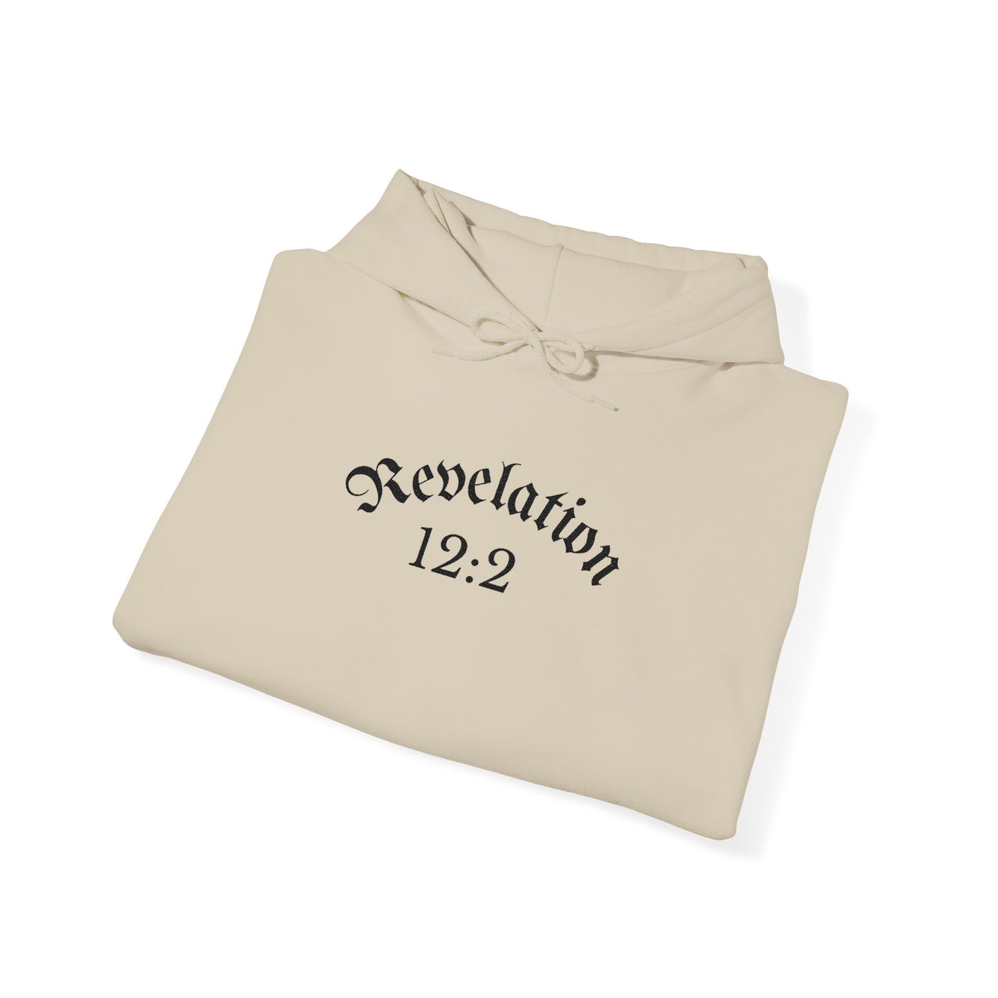 Revelation 12:2 Gothic Script Hoodie | Unisex Minimalist Trendy Christian Apparel | Heavy Blend Hooded Sweatshirt