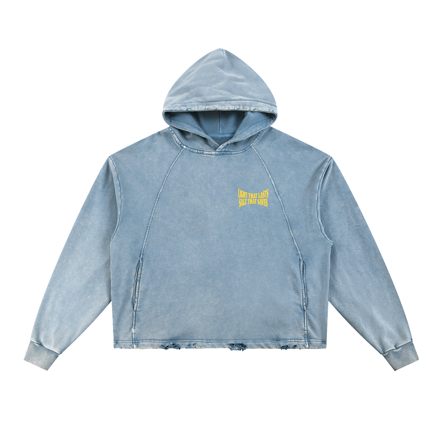 Vintage Washed Frayed-Hem Hoodie "Light That Saves, Salt That Lasts" - Catholic Scripture Streetwear - Premium Faith Apparel