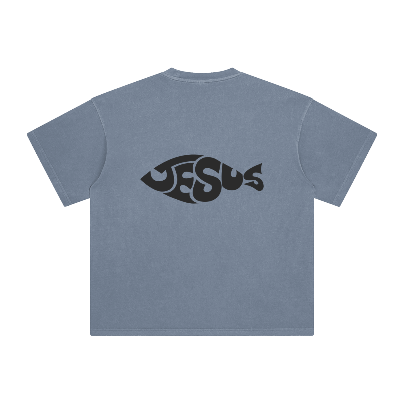 Blue t-shirt with 'Jesus Fish' design on a white background