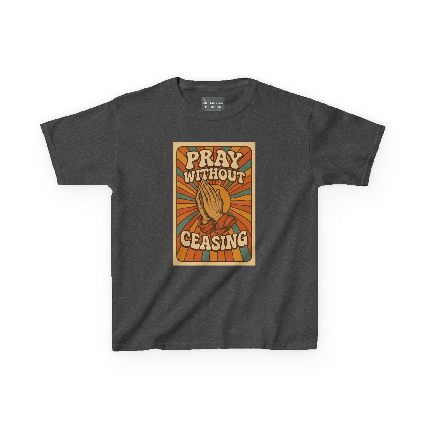Pray Without Ceasing" Groovy Retro Kids T-Shirt | 70s Style Christian Apparel | Heavy Cotton™ Tee | Vintage Catholic Kids Clothing
