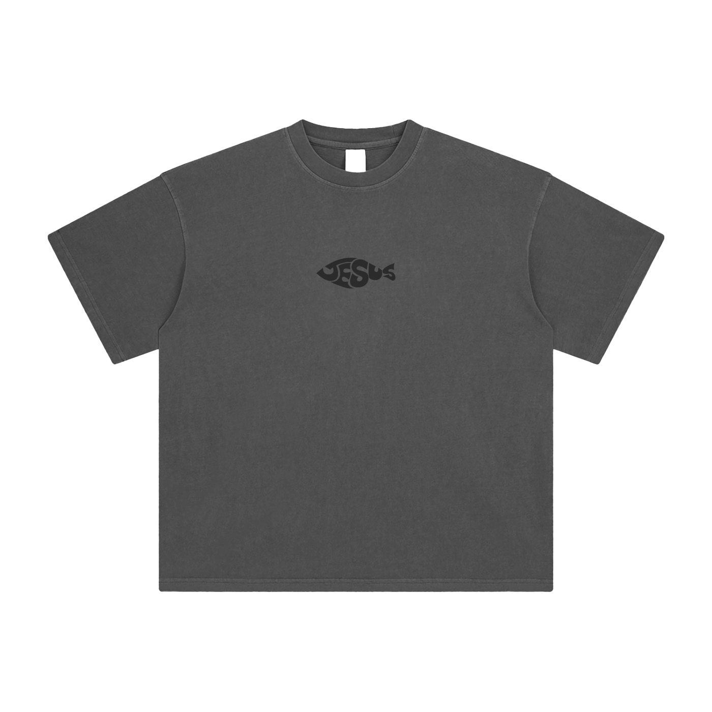 Gray t-shirt with a black logo on a white background