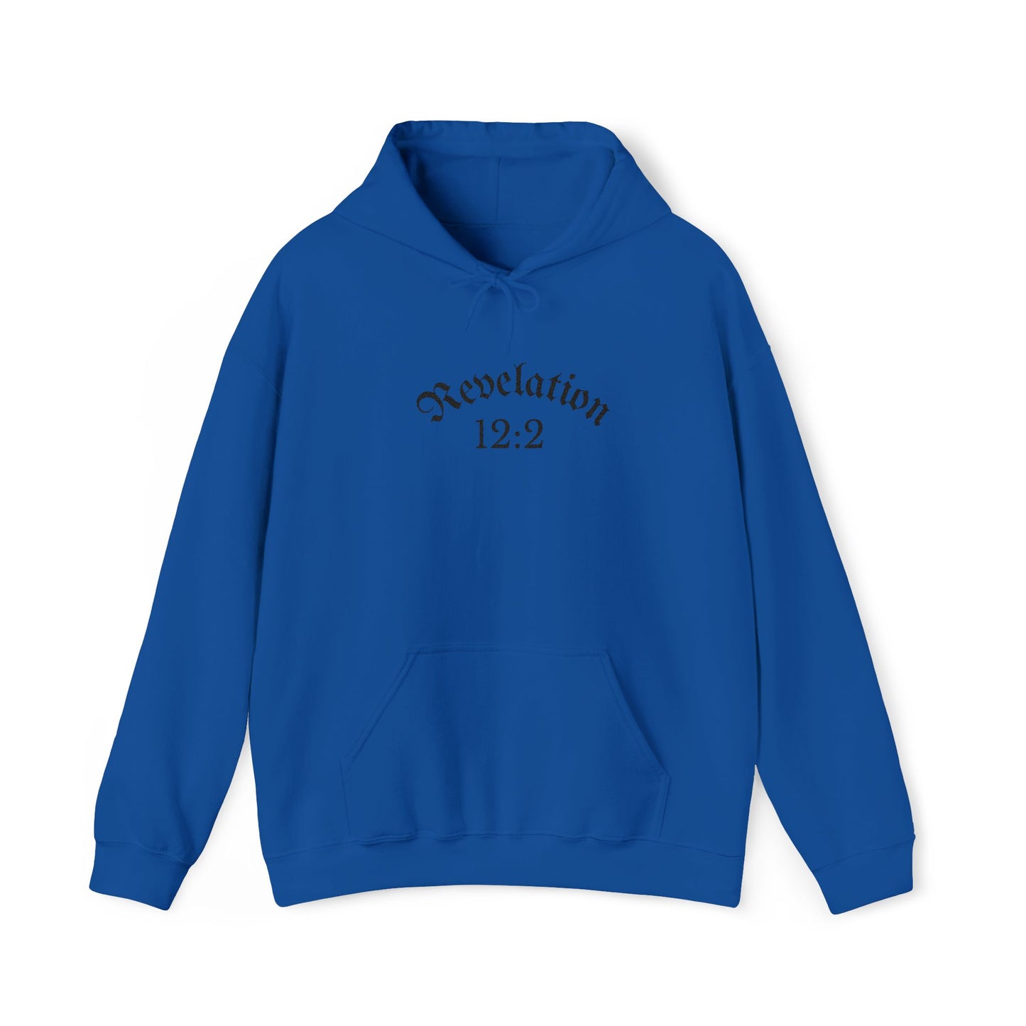 Revelation 12:2 Gothic Script Hoodie | Unisex Minimalist Trendy Christian Apparel | Heavy Blend Hooded Sweatshirt