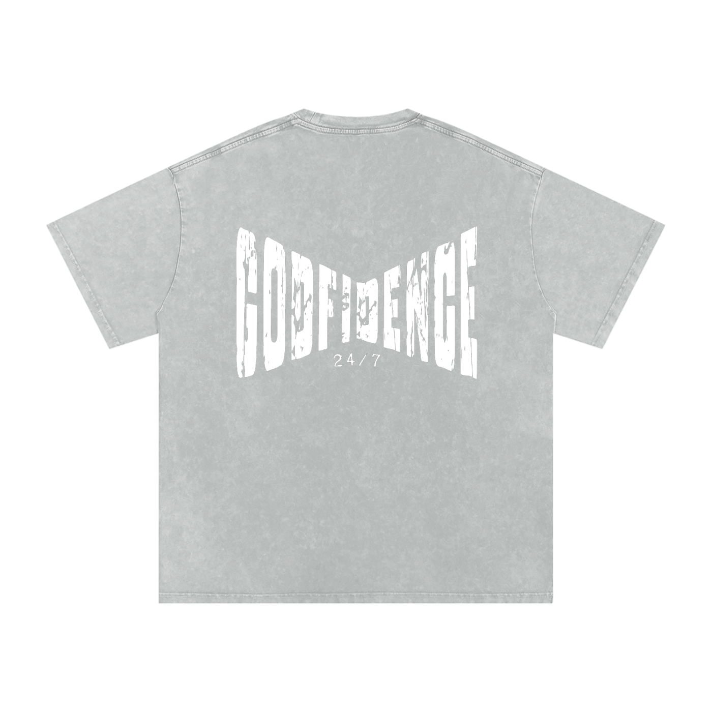 Godfidence 24/7 – Distressed Warp Script Catholic Streetwear Snow Washed Oversized Cotton T-Shirt