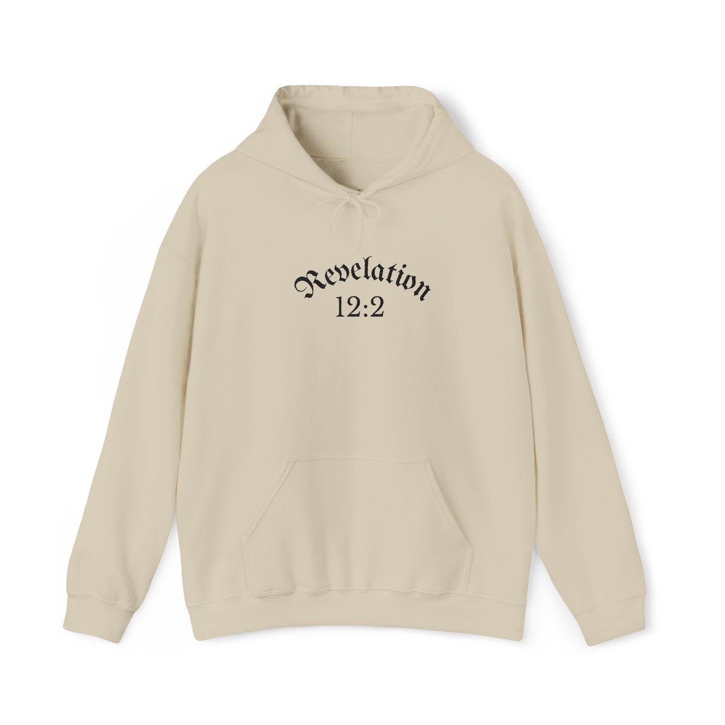 Revelation 12:2 Gothic Script Hoodie | Unisex Minimalist Trendy Christian Apparel | Heavy Blend Hooded Sweatshirt