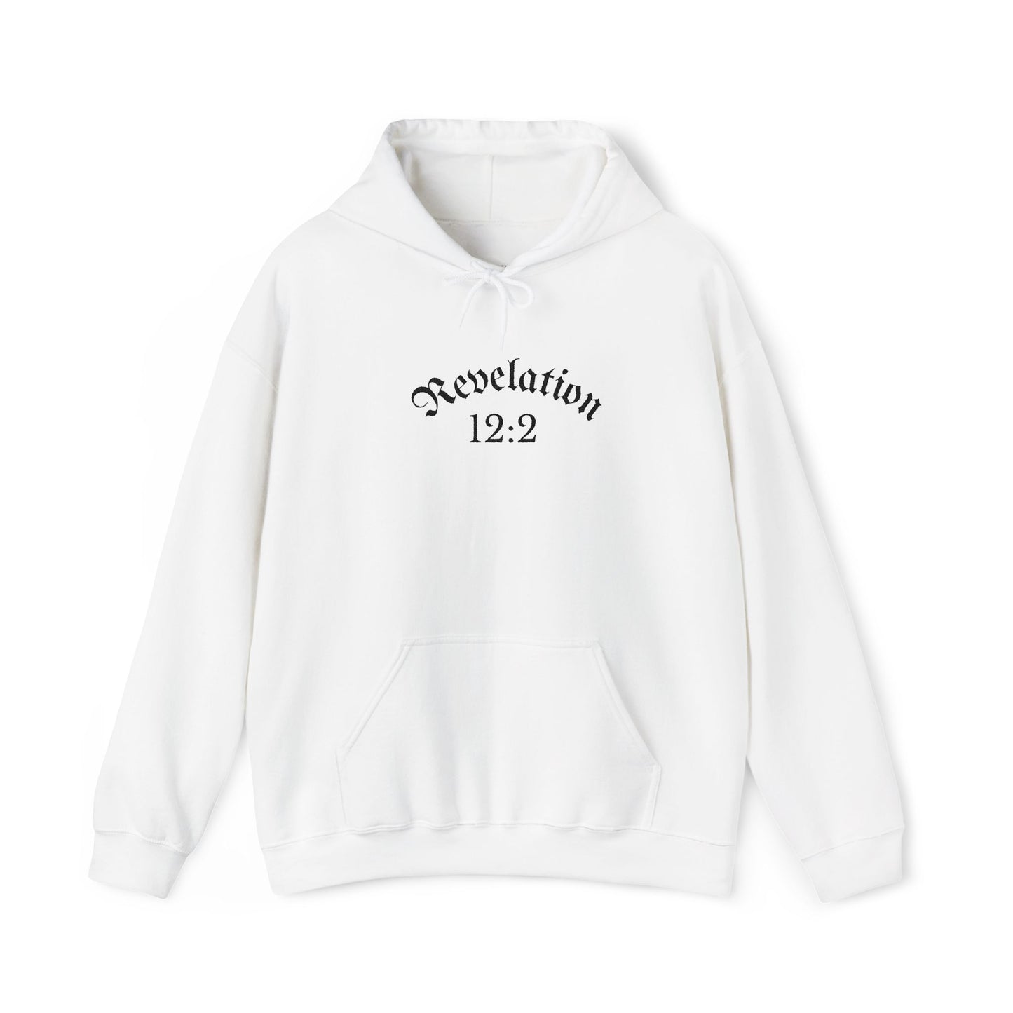 Revelation 12:2 Gothic Script Hoodie | Unisex Minimalist Trendy Christian Apparel | Heavy Blend Hooded Sweatshirt