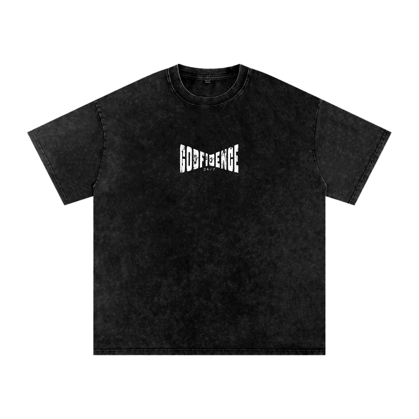 Godfidence 24/7 – Distressed Warp Script Catholic Streetwear Snow Washed Oversized Cotton T-Shirt