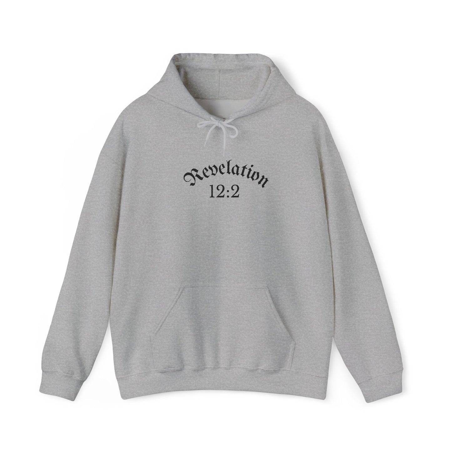 Revelation 12:2 Gothic Script Hoodie | Unisex Minimalist Trendy Christian Apparel | Heavy Blend Hooded Sweatshirt