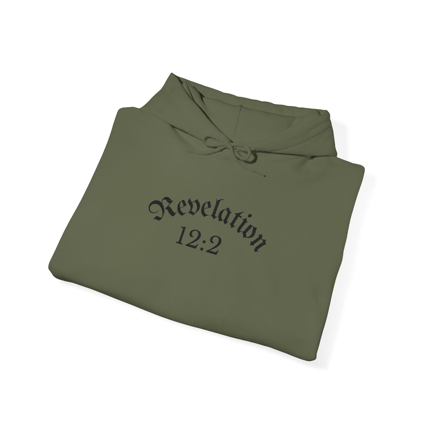 Revelation 12:2 Gothic Script Hoodie | Unisex Minimalist Trendy Christian Apparel | Heavy Blend Hooded Sweatshirt