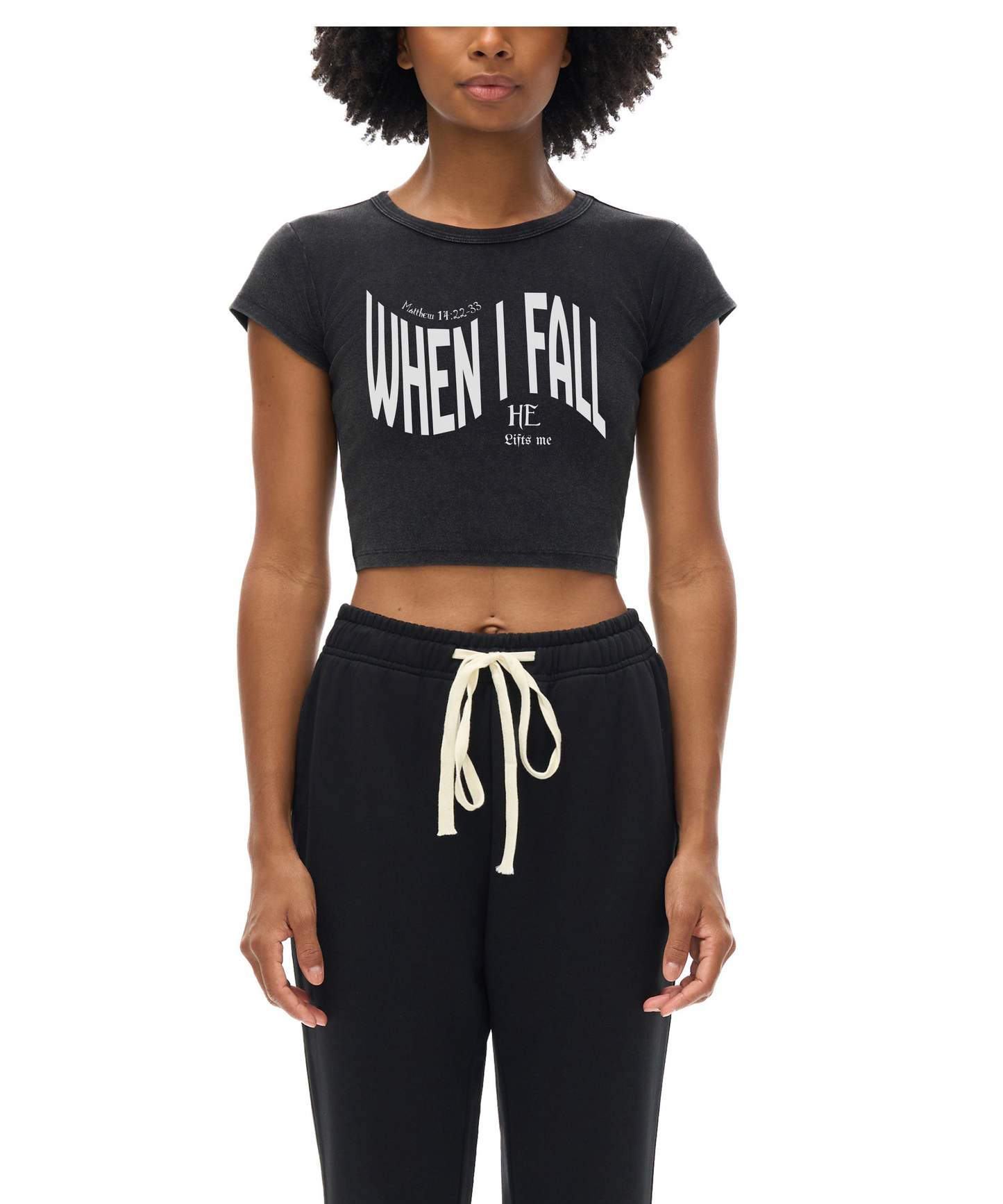 When I Fall, He Lifts Me – Women’s Snow Washed Bodycon Crop Tee