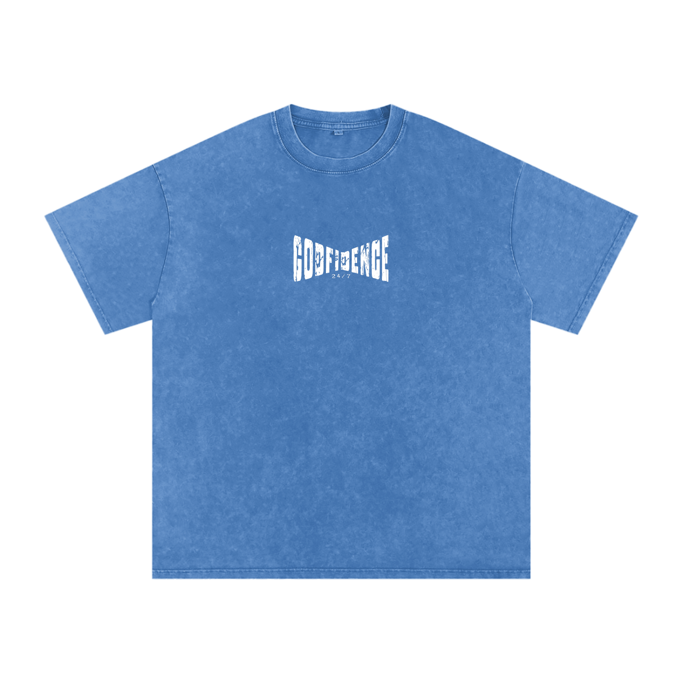 Godfidence 24/7 – Distressed Warp Script Catholic Streetwear Snow Washed Oversized Cotton T-Shirt