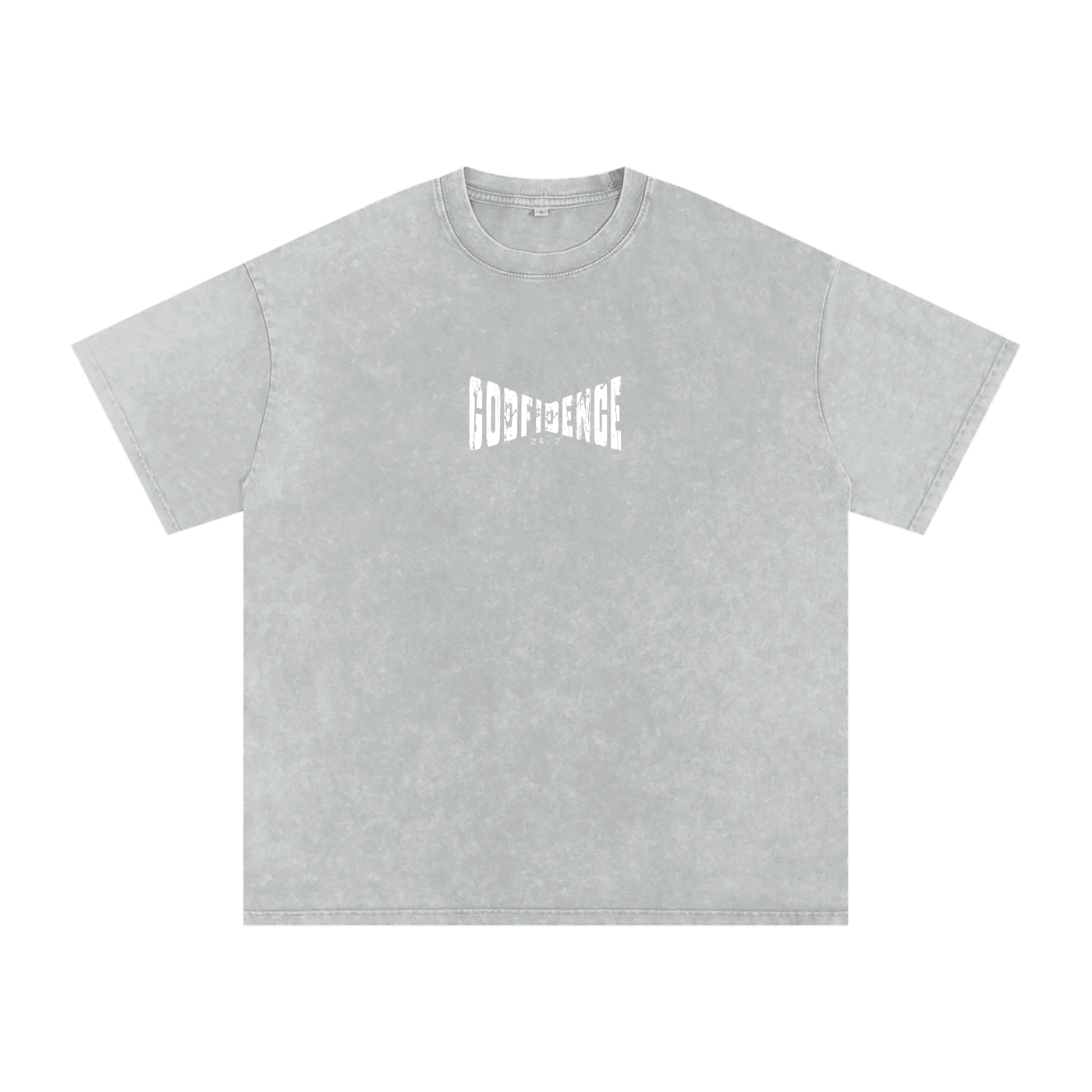 Godfidence 24/7 – Distressed Warp Script Catholic Streetwear Snow Washed Oversized Cotton T-Shirt