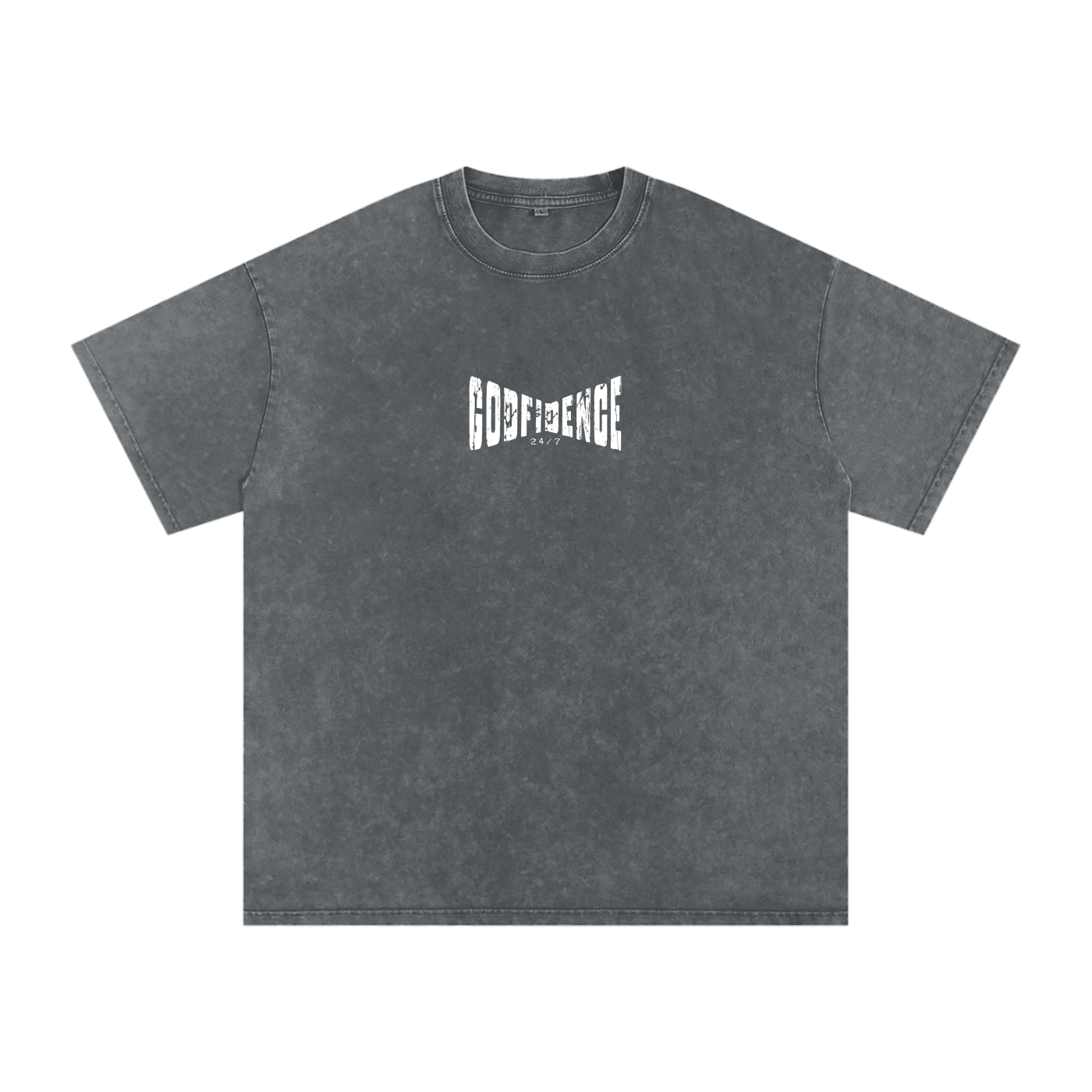 Godfidence 24/7 – Distressed Warp Script Catholic Streetwear Snow Washed Oversized Cotton T-Shirt