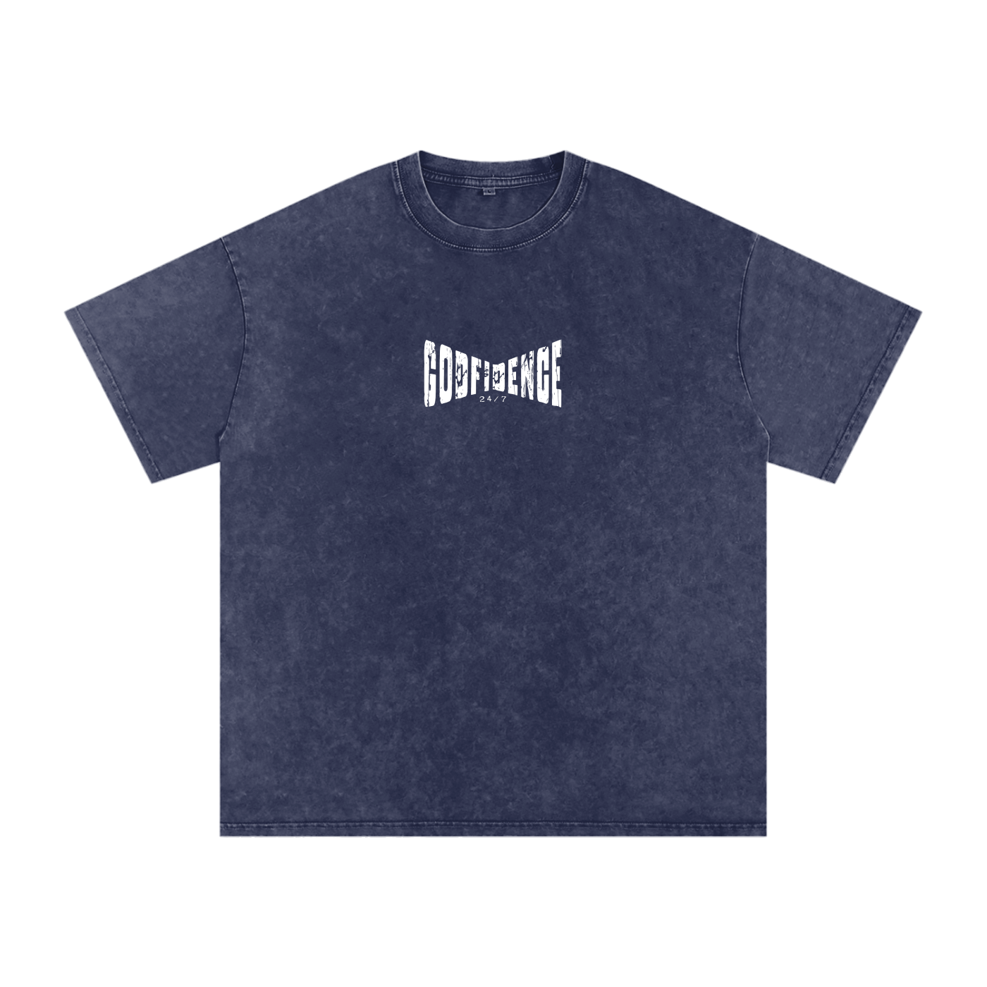 Godfidence 24/7 – Distressed Warp Script Catholic Streetwear Snow Washed Oversized Cotton T-Shirt