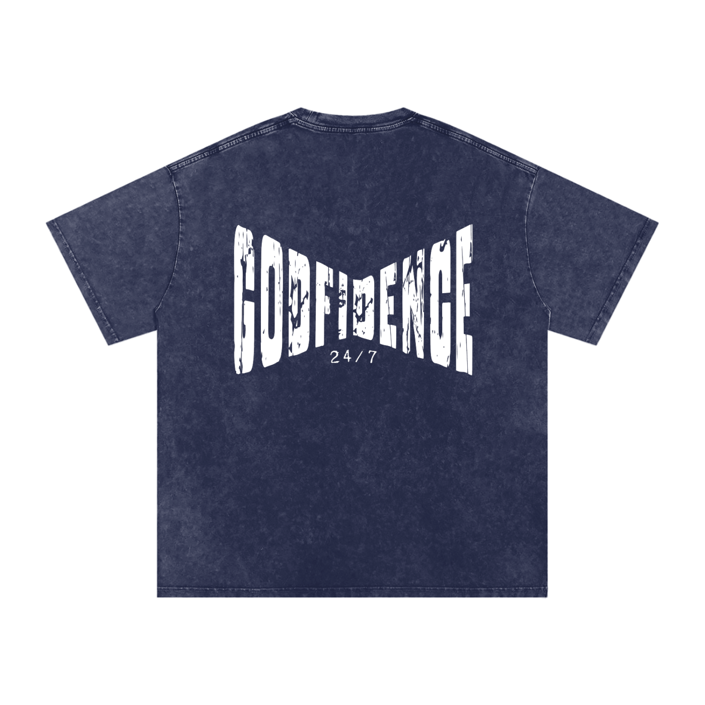 Godfidence 24/7 – Distressed Warp Script Catholic Streetwear Snow Washed Oversized Cotton T-Shirt
