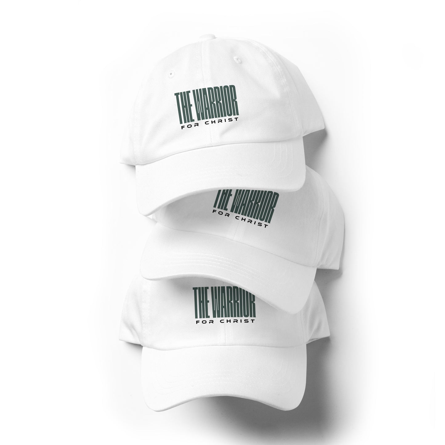 White caps with 'The Warrior for Christ' text on a white background
