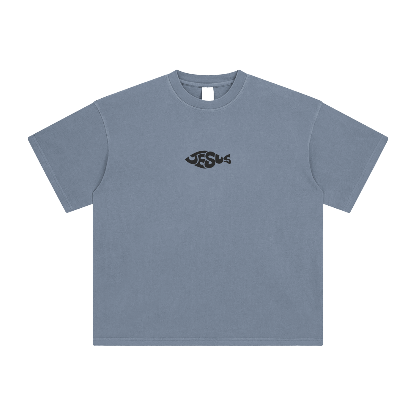Blue t-shirt with 'JESUS' printed on it against a white background