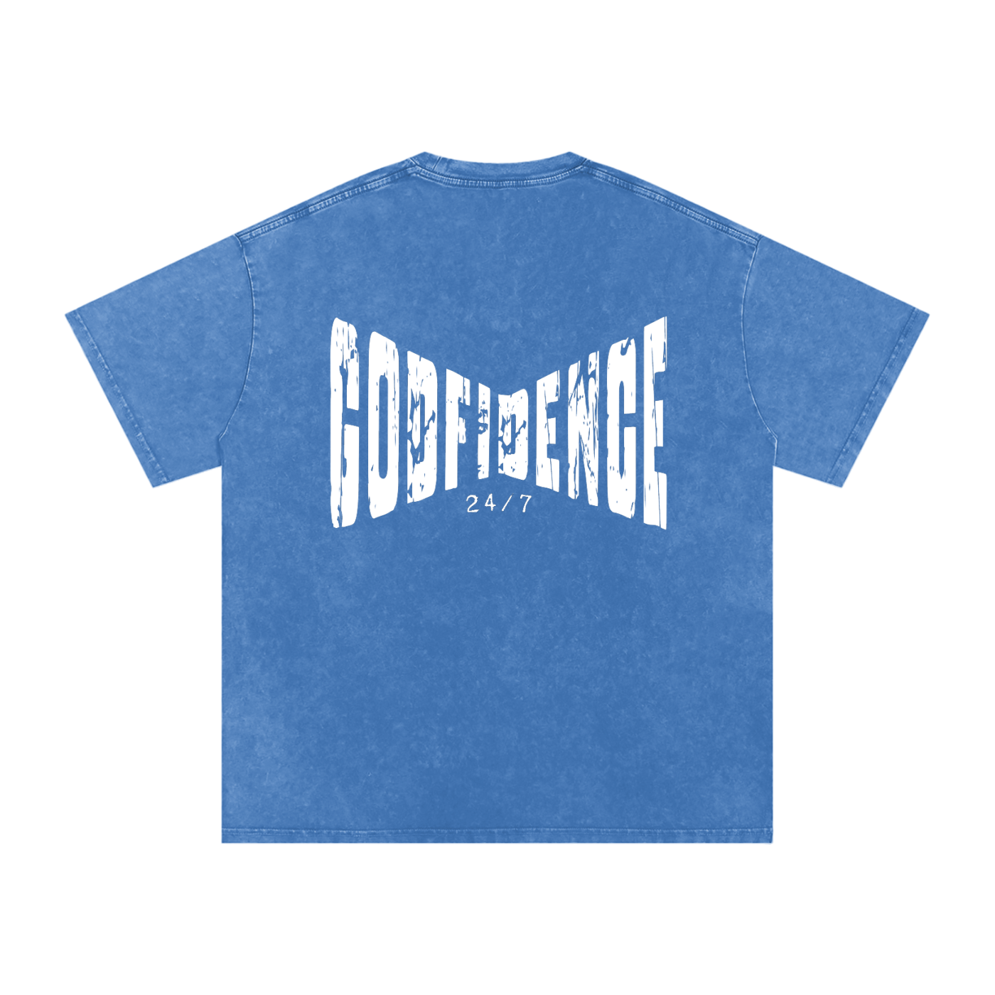 Godfidence 24/7 – Distressed Warp Script Catholic Streetwear Snow Washed Oversized Cotton T-Shirt