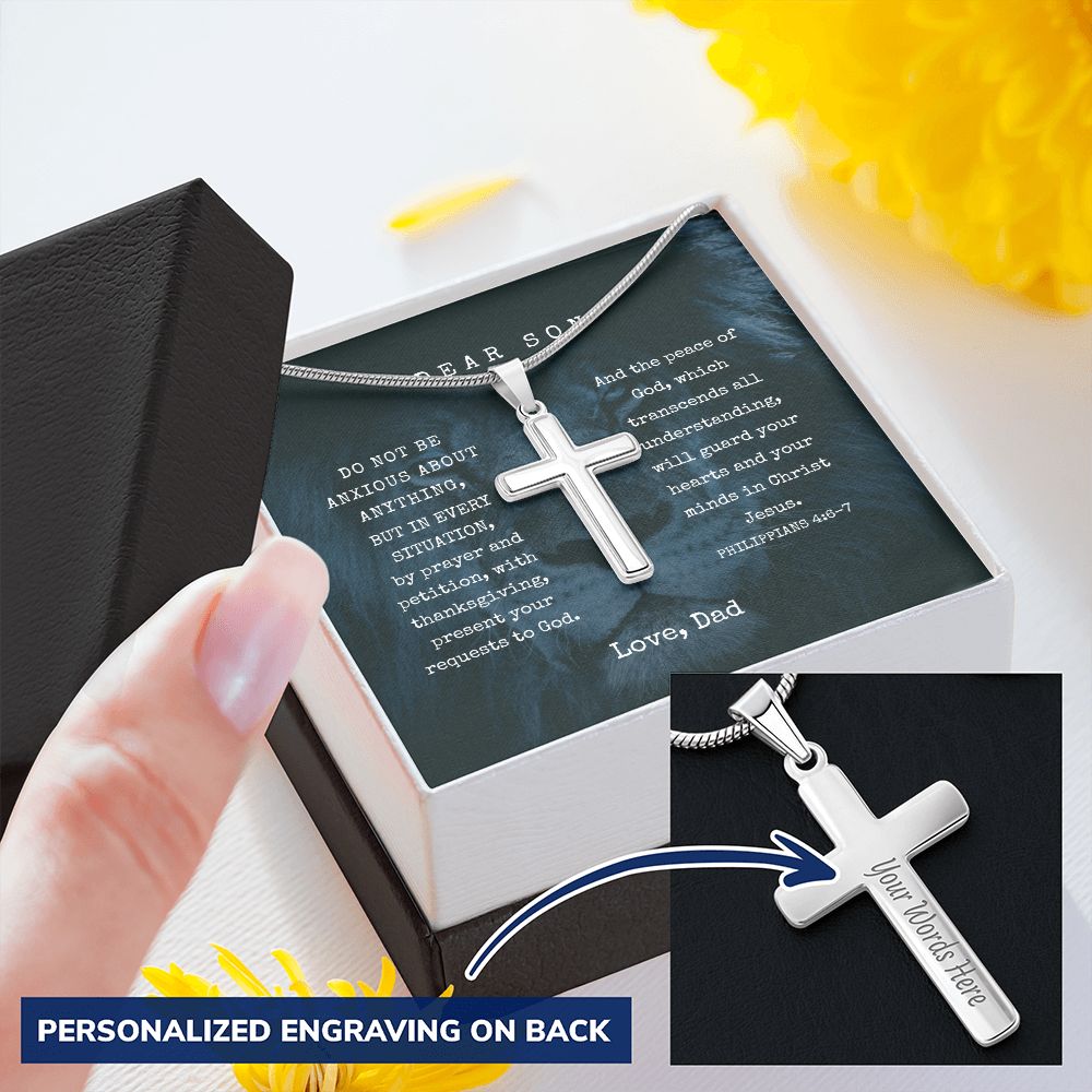 Personalized Engravable Steel Cross for Son | Message Card Jewelry by CB