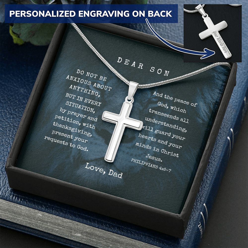 Personalized Engravable Steel Cross for Son | Message Card Jewelry by CB