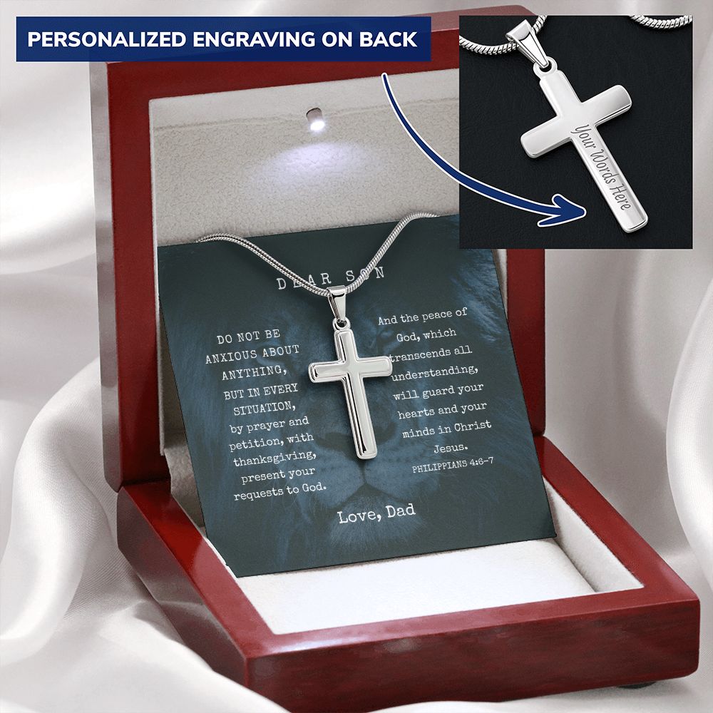 Personalized Engravable Steel Cross for Son | Message Card Jewelry by CB