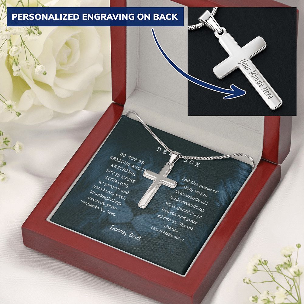 Personalized Engravable Steel Cross for Son | Message Card Jewelry by CB