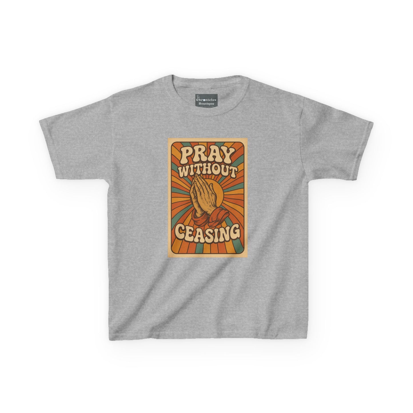Pray Without Ceasing" Groovy Retro Kids T-Shirt | 70s Style Christian Apparel | Heavy Cotton™ Tee | Vintage Catholic Kids Clothing
