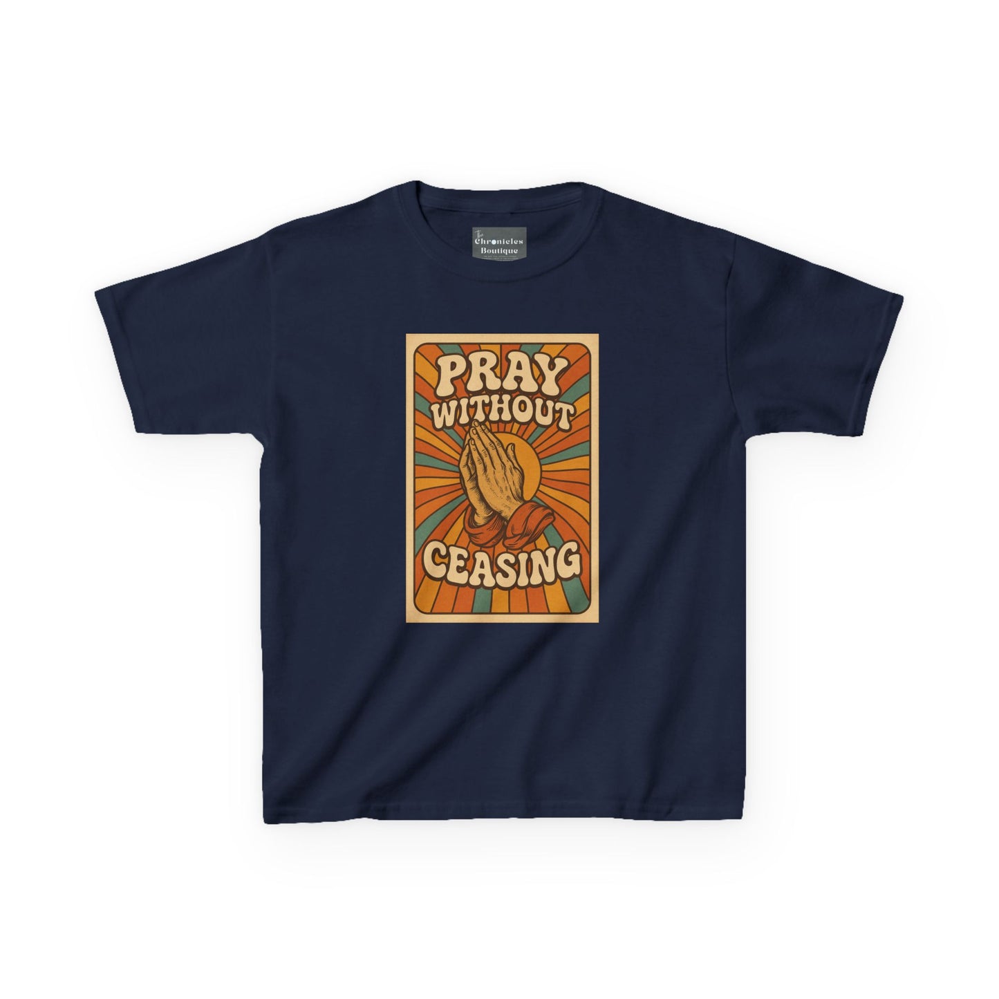 Pray Without Ceasing" Groovy Retro Kids T-Shirt | 70s Style Christian Apparel | Heavy Cotton™ Tee | Vintage Catholic Kids Clothing