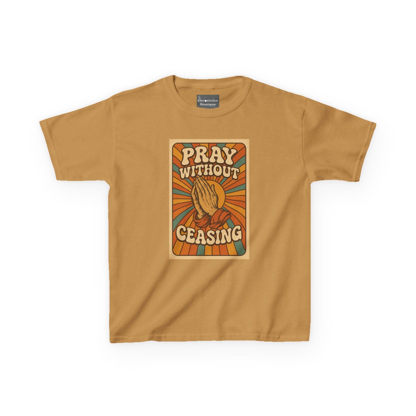 Pray Without Ceasing" Groovy Retro Kids T-Shirt | 70s Style Christian Apparel | Heavy Cotton™ Tee | Vintage Catholic Kids Clothing