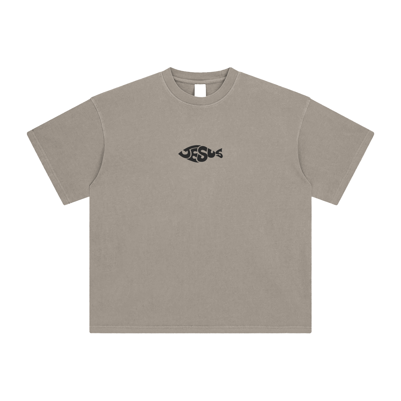 Beige t-shirt with a black 'JESUS' fish logo on a white background