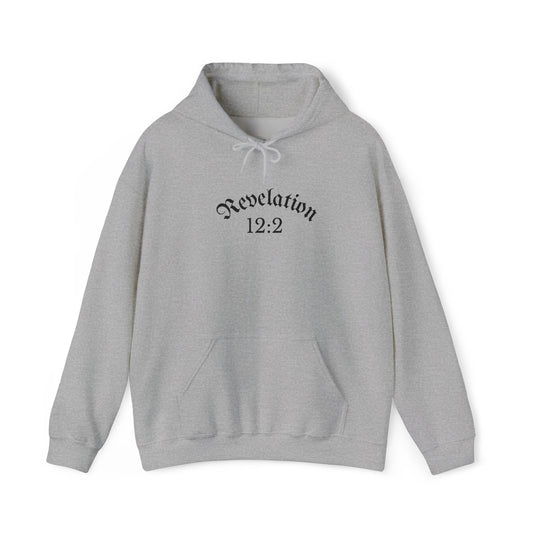 Revelation 12:2 Gothic Script Hoodie | Unisex  Minimalist Trendy Christian Apparel | Heavy Blend Hooded Sweatshirt