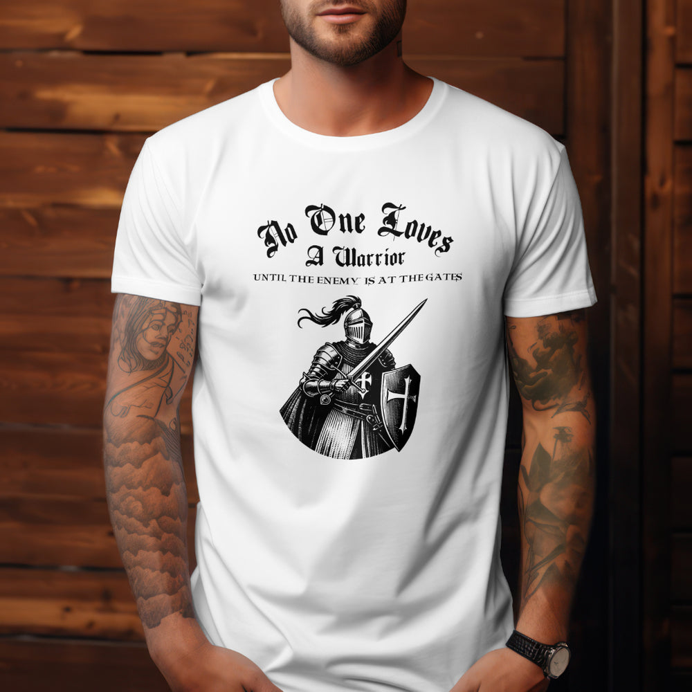 Man wearing knights Crusader T-shirt