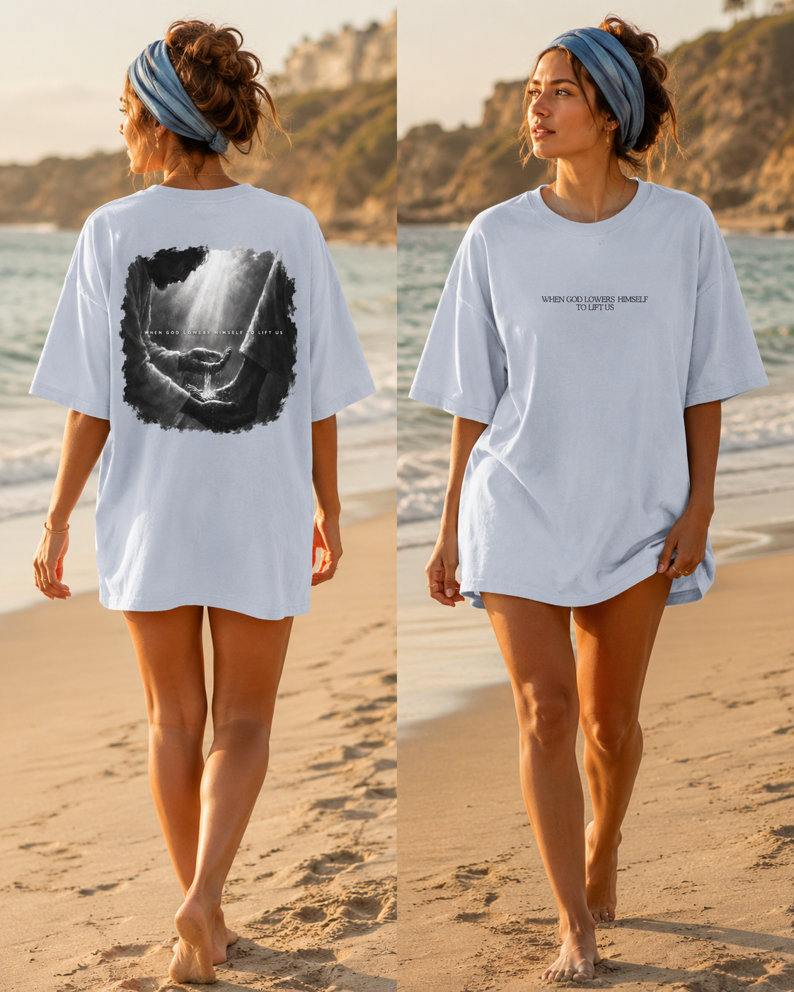 A woman modeling an oversized white short-sleeve T-shirt on a sandy beach, shown from both the back and front. The back features a large black-and-white graphic print of a sunlit diving board, and the front has small black text across the chest.