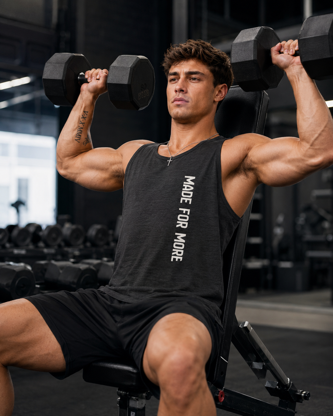 Muscular man in a gym wearing a black tank top with 'MADE FOR MORE' text, lifting dumbbells.