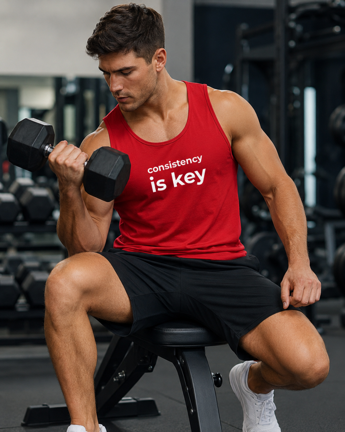 Man in a gym wearing a red tank top with 'consistency is key' text, holding dumbbells.