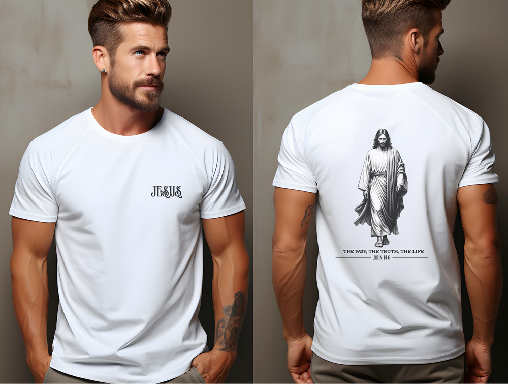 Handsome man wearing Jesus, the way the truth, the life T-shirt